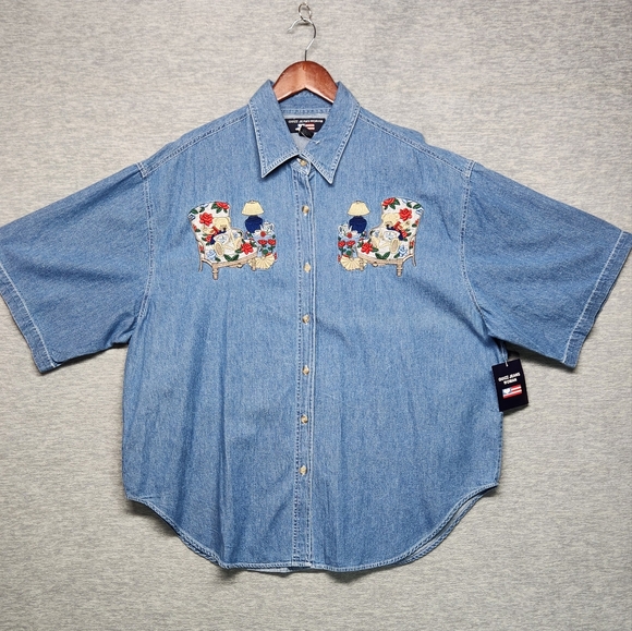 NWT VINTAGE 90s Denim floral bears Embroidered button down grandmacore granny 24 - Picture 1 of 4